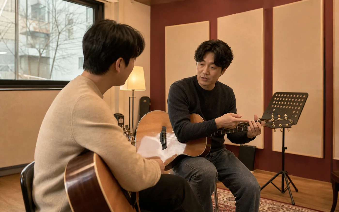 실제 HEUM 수업이 아닌 임시 콘셉트 이미지: 연습실에서 강사와 수강생이 기타를 연주하는 모습