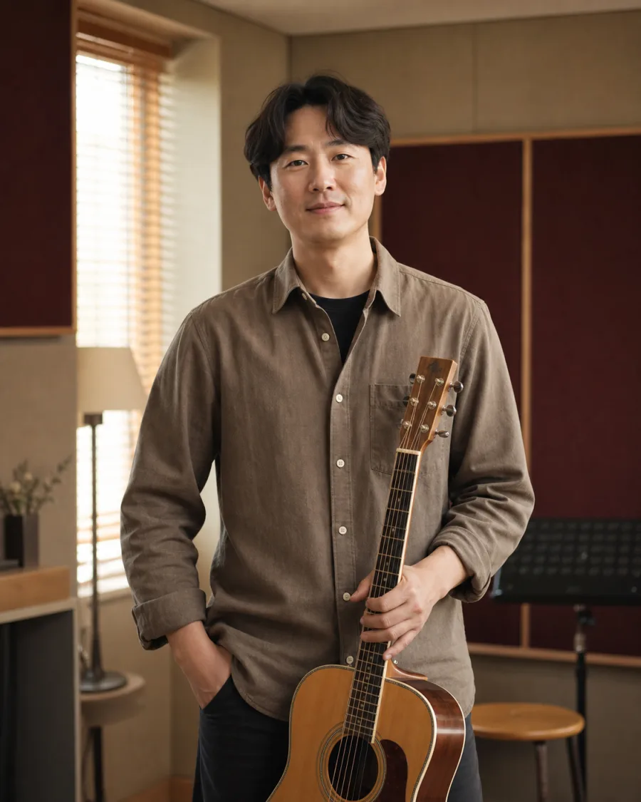 실제 HEUM 강사가 아닌 임시 콘셉트 이미지: 기타를 들고 연습실에 서 있는 강사 모습